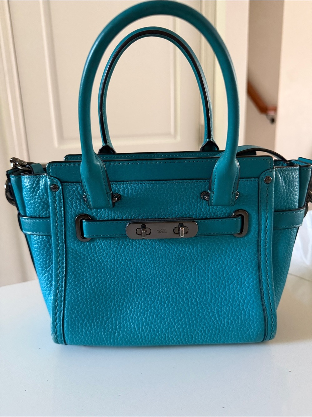 Coach Pebbled Leather Satchel in Teal Blue